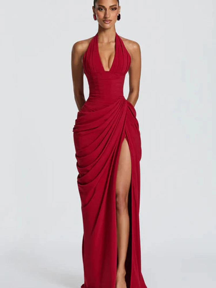 Vestido Maxi Plisado Sólido Sexy con Cuello Halter para Mujer, sin Mangas, sin Espalda, con Cintura Ajustada y Abertura, Vestidos de Fiesta de Verano 2026