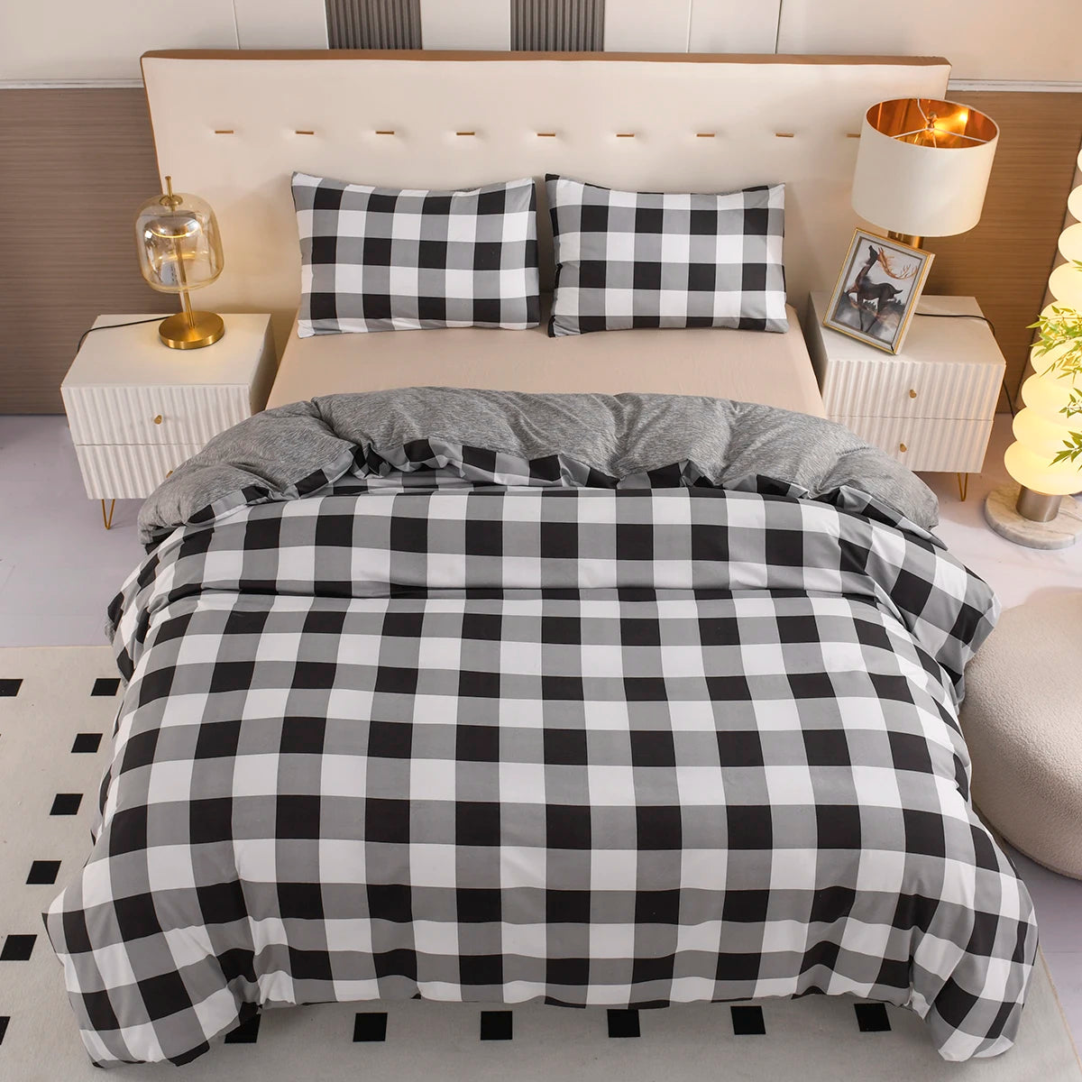 Funda de edredón Reversible, juego de cama de 3 piezas, funda de edredón geométrica en blanco y negro con 2 fundas de almohada, Queen y King