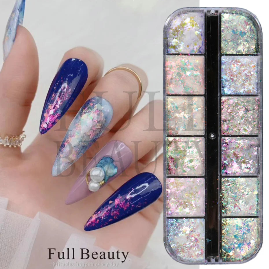 12 rejillas iridiscentes para uñas Aurora, purpurina de cristal, copos de fuego, holográficos, lentejuelas brillantes, dijes, esmalte de Gel, Flash para manicura