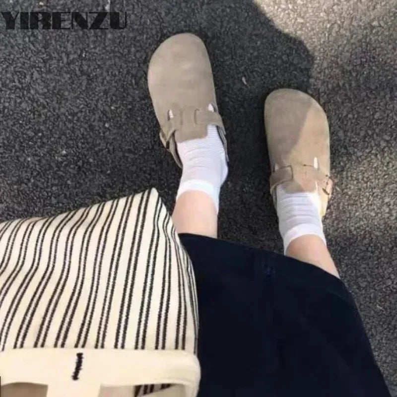 Zapatillas planas de gamuza sintética marrón estilo Birken Retro de verano, zapatillas de plataforma con punta redonda a la moda, chanclas de corcho de suela blanda para mujer al aire libre