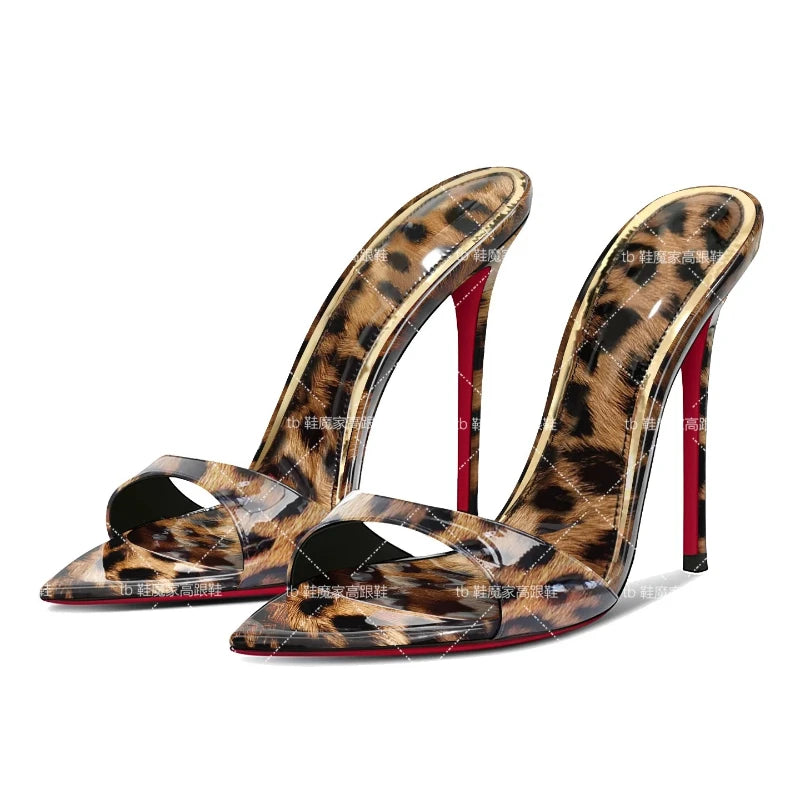 Yuejinlong 2026 New Leopard Print Pointed Toe Stiletto Mules Sexy High Heels Open Toe Elegant Slide Sandals Ladies Shoes
