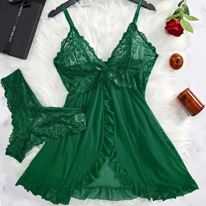Traje con tirantes, camisón ultrafino de verano, conjuntos de Tanga de encaje, pijamas sexis para mujer, lencería, vestido de noche caliente, ropa de dormir cómoda
