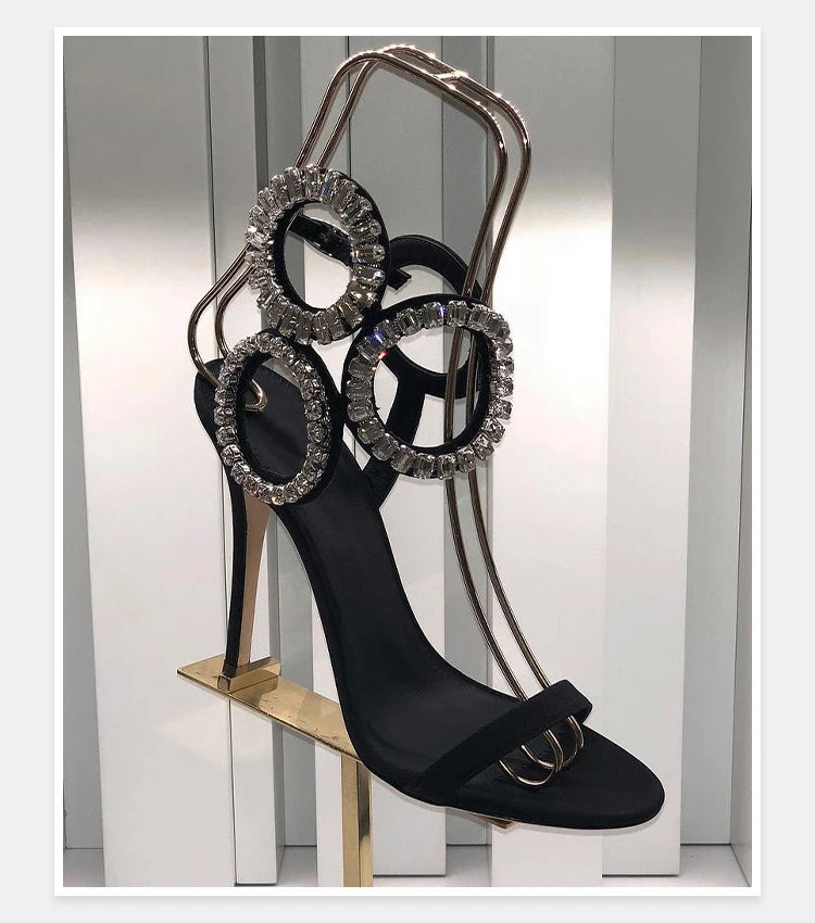 Circle Heels 2024 Nuevo vestido Zapatos de boda con sandalias romanas de tacón abierto con diamantes de imitación