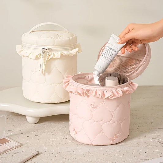 Bolsa de Maquillaje Redonda Acolchada Color Caramelo, Gran Capacidad, Organizador de Cosméticos con Múltiples Compartimentos, Portátil para Viajes