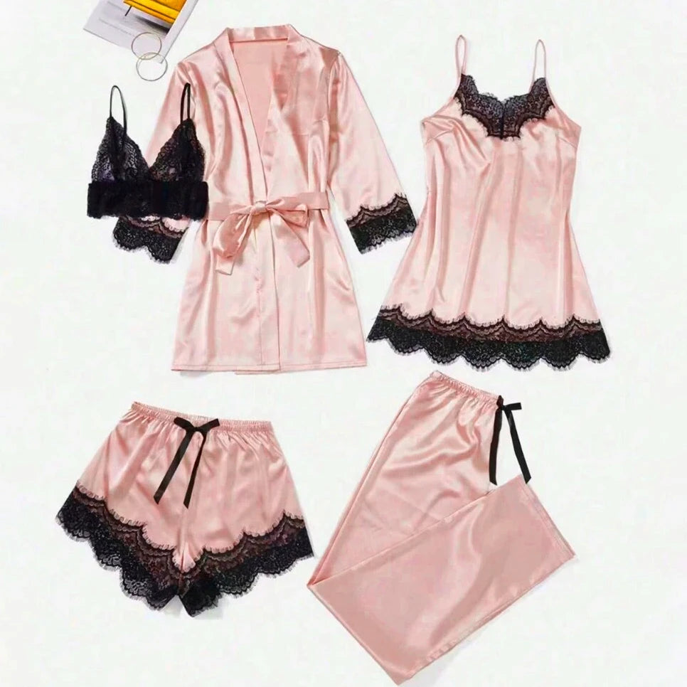 Conjunto de pijama de satén para mujer, bata de lencería Sexy, albornoz de encaje de seda, vestido de noche, pantalones, ropa de dormir para el hogar, 5 piezas