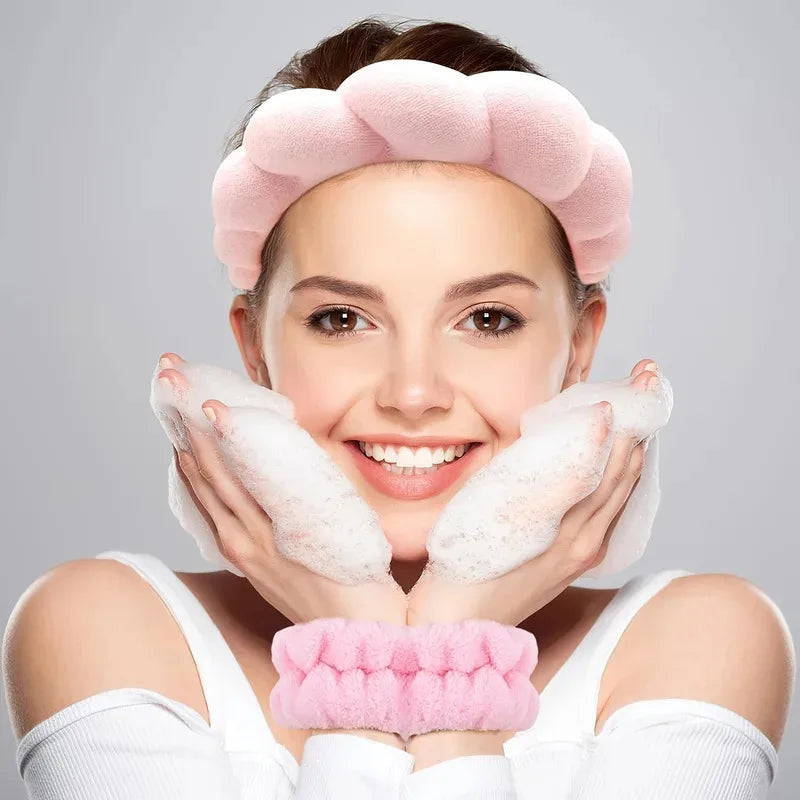 Diadema para lavar la cara para mujer, diademas de esponja, correa para la muñeca, diadema suave de burbujas para maquillaje, accesorios para el cabello para niña, 3 uds.