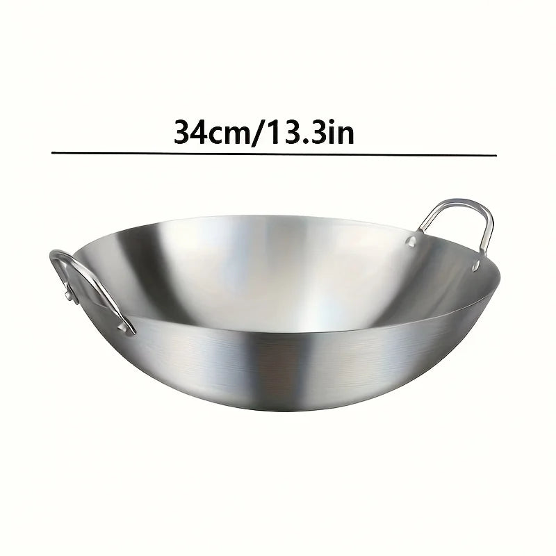 Wok grande de acero inoxidable, sartén de Chef duradera gruesa sin recubrimiento de alta calidad con asas dobles, fácil de limpiar para uso comercial, 1 ud.