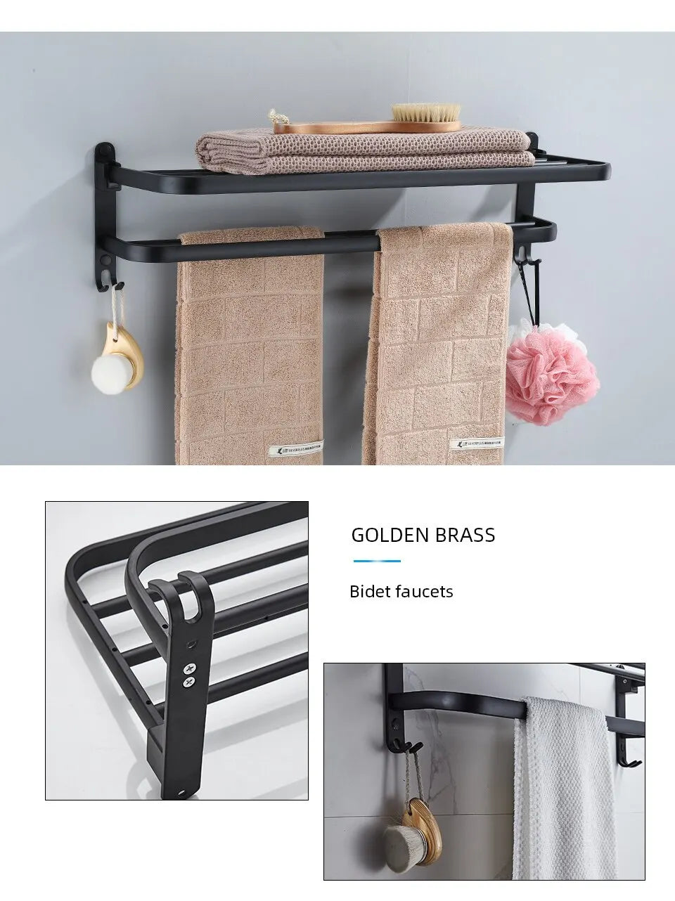 Soporte plegable negro mate de 50cm con gancho, soporte para toallas de pared, soporte para toallas de aluminio