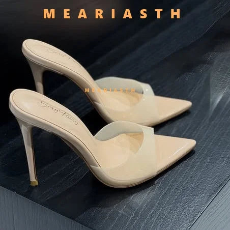 2025 verano 10 cm/12 cm zapatillas de tacón alto para mujer moda puntiaguda zapatos de Muels con punta abierta señoras elegante vestido de fiesta Sandalias