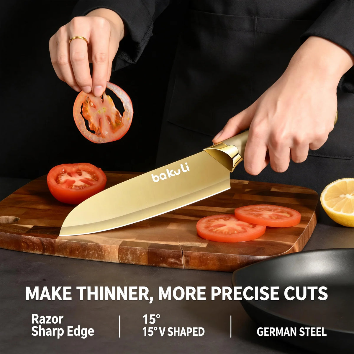 Juego de Cuchillos de Cocina Dorados de 4 Piezas, Hojas con Revestimiento de Titanio Antiadherente, Mango Ergonómico, Cuchillo de Chef, Cuchillo Multiusos, Cuchillos para Frutas para el Hogar