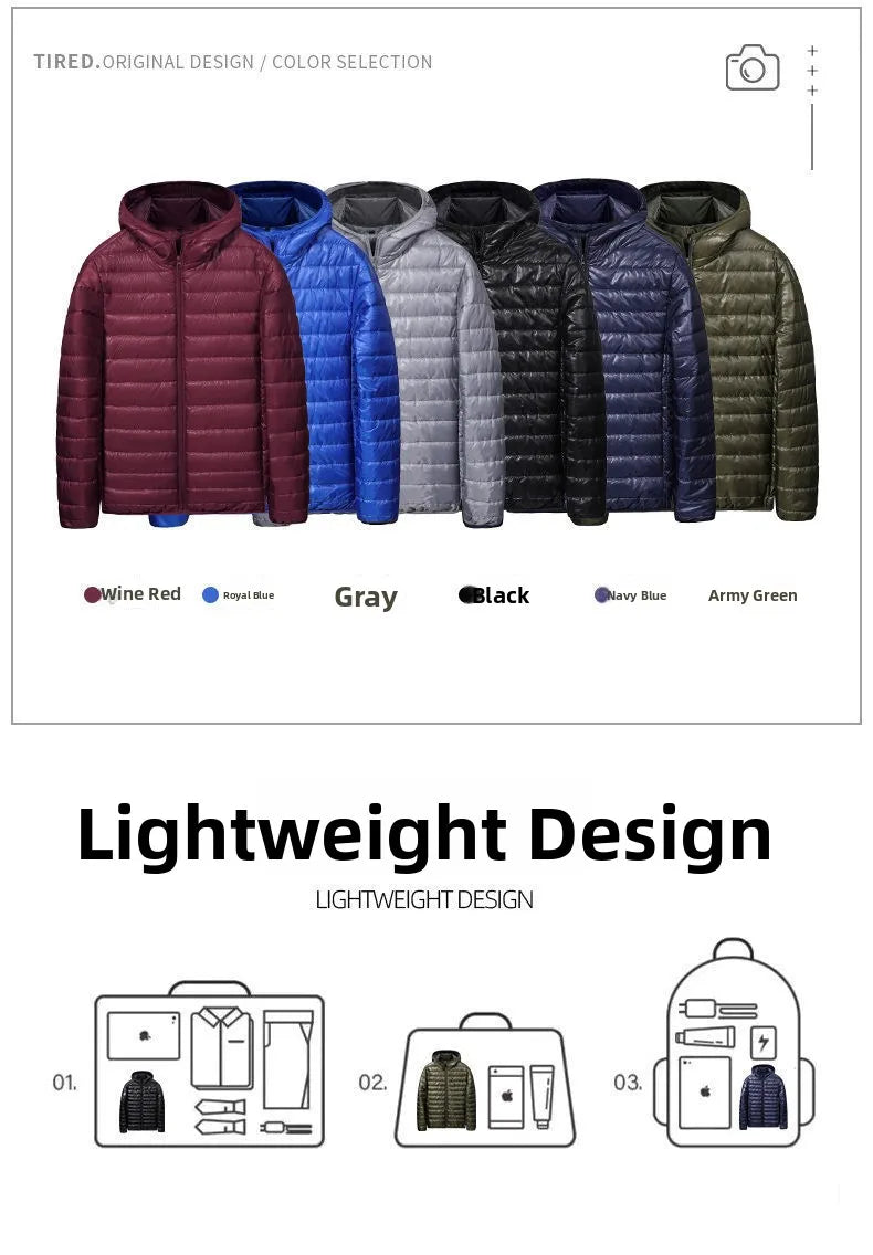 Chaqueta de plumón ligera para hombre, estilo nuevo de otoño-invierno, tipo abrigo acolchado, con cierre de cremallera y capucha, de fibra de poliéster.