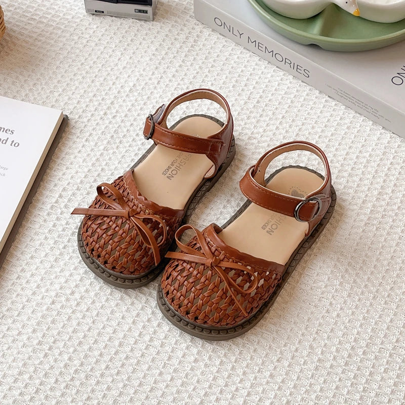 Sandalias Casuales de Verano para Niñas, con Lazo, Tejidas, Planas, Antideslizantes, con Diseño Calado, para la Playa, la Escuela y el Uso Diario
