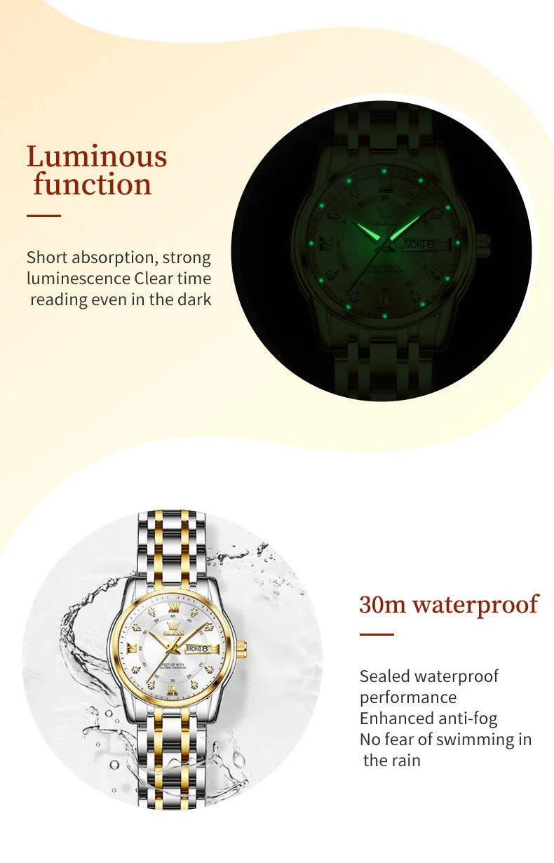 Relojes OLEVS para mujer, reloj de pulsera luminoso resistente al agua de acero inoxidable Original dorado a la moda, reloj clásico elegante para mujer con fecha