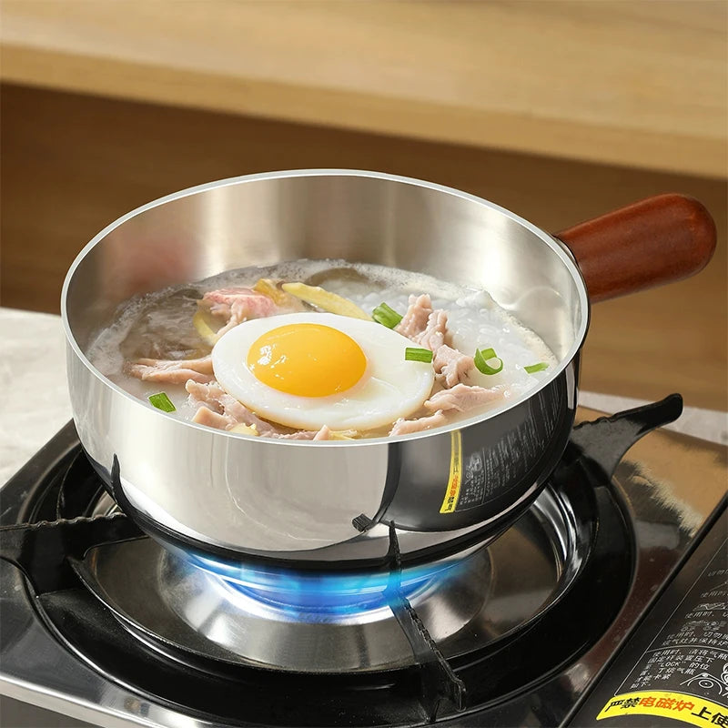 Olla para leche de acero inoxidable con mango de madera, olla compacta para cocinar, adecuada para freír huevos y calentar leche