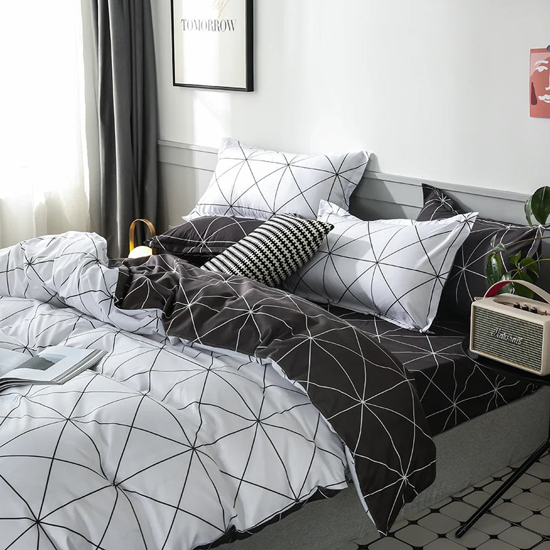 Funda de edredón Reversible, juego de cama de 3 piezas, funda de edredón geométrica en blanco y negro con 2 fundas de almohada, Queen y King