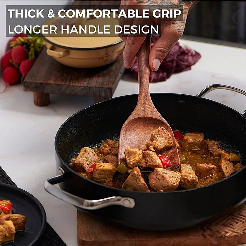 Cuchara de cocina de teca Natural, espátula de madera, juego de utensilios antiadherentes para cocinar con ganchos colgantes, herramienta de utensilios de cocina