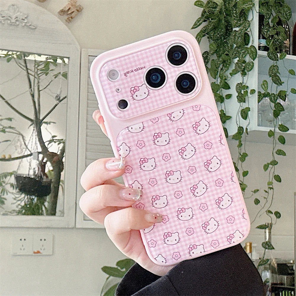 Funda Protectora Brillante con Diseño de Hello Kitty a Cuadros Rosados Estilo Coreano para iPhone 17, 16, 14, 13, 15 Pro, 17 Pro Max
