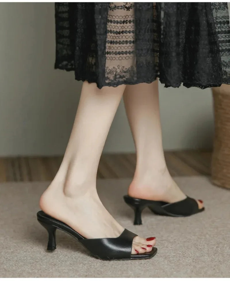 Pantuflas de Tacón Alto para Mujer, Pantuflas de Cuero Vacuno de Lujo, Pantuflas de Moda con Punta Cuadrada, Pantuflas de Tacón Alto con Punta Abierta para Verano