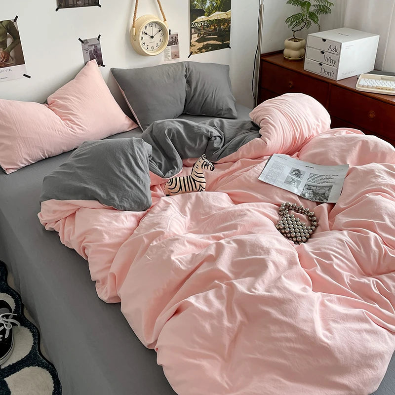 Funda nórdica de poliéster para dormitorio, juego de ropa de cama de 3 piezas, Color liso, rosa y gris, 2 fundas de almohada
