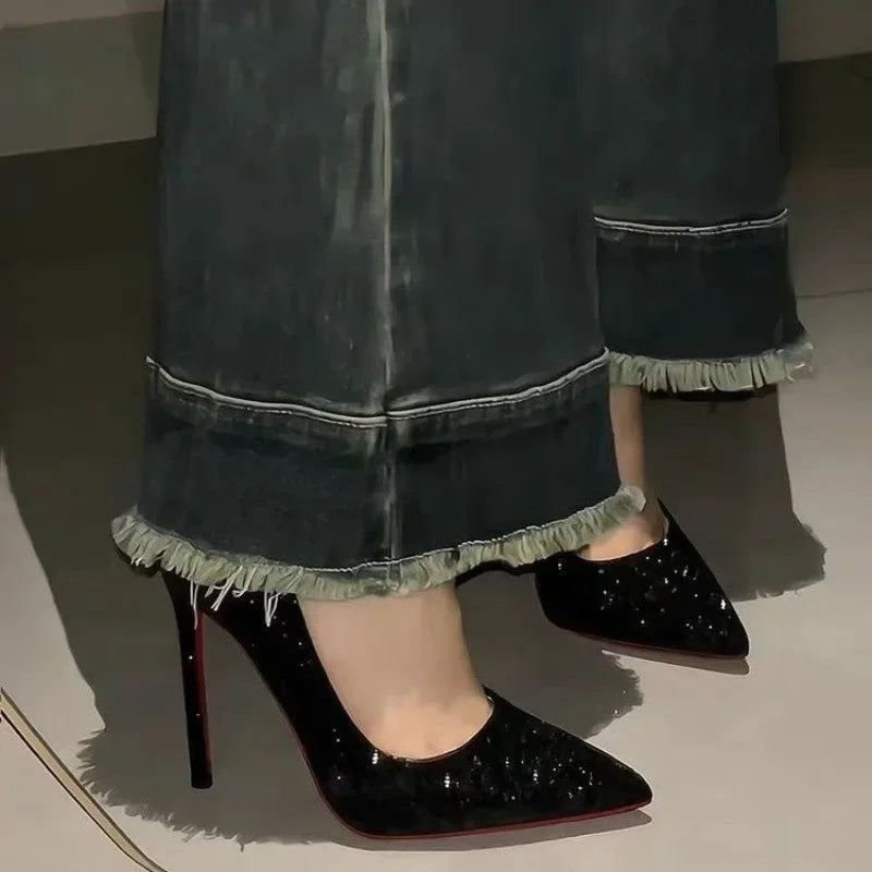 Tacones Altos de Mujer 2026, Nuevos Tacones de Aguja con Punta, Casuales y a la Moda, con Lentejuelas, Zapatos de Mujer