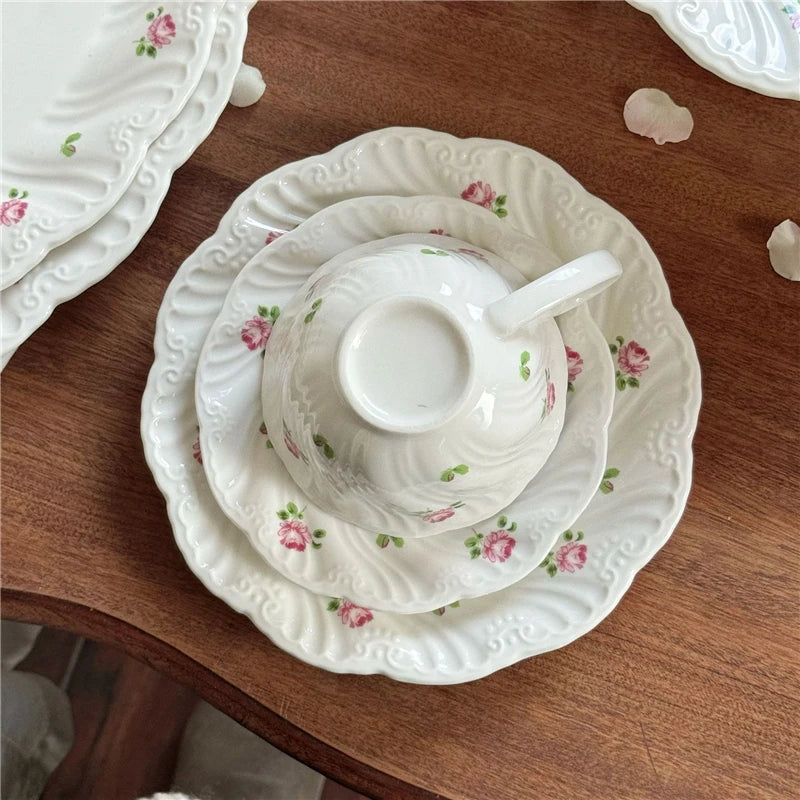 Juego de platos de cerámica, taza de café, platillo, hermoso vajilla, plato de postre de rosa Vintage, platos de cena, regalo, taza de té, suministros de cocina