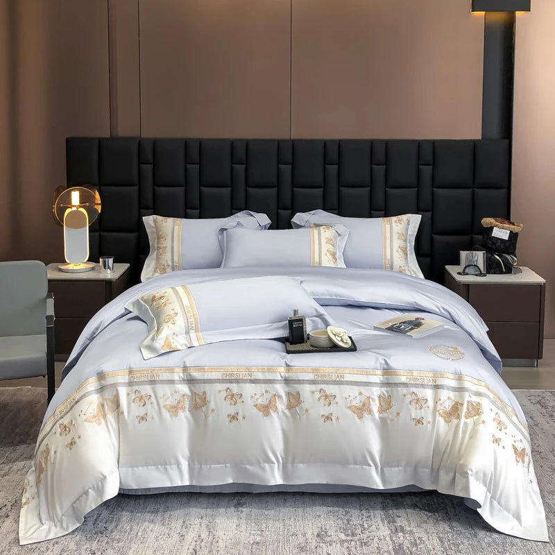 Juego de cama 100% de algodón, edredón bordado de mariposa dorada de lujo/funda nórdica, juegos de sábanas ajustadas, fundas de almohada, textiles para el hogar