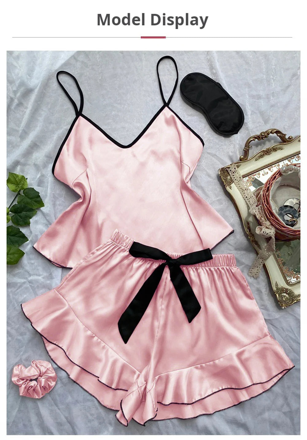 Pijamas de satén liso para mujer, camiseta con cuello en V, bordes con volantes y pantalones cortos con lazo, conjunto de pijama sencillo y transpirable, ropa para el hogar con tirantes