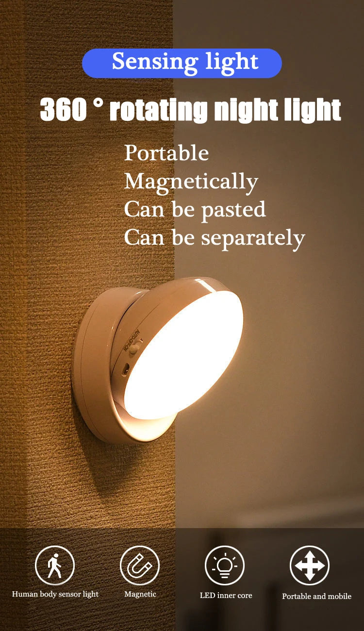 Luz nocturna con Sensor de movimiento, iluminación LED inalámbrica recargable, magnética giratoria 360 para habitación, mesita de noche, iluminación de gabinete