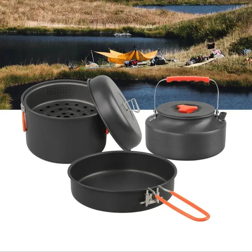 Juego de utensilios de cocina al aire libre, olla de cocina para acampar, hervidor de vapor, sartén, juego de cocina