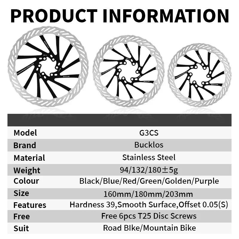 BUCKLOS-Rotor de freno de disco hidráulico ultraligero para bicicleta de montaña, disco de freno de bicicleta de carreras de carretera de montaña de 160/180/203mm con 6 pernos gratis