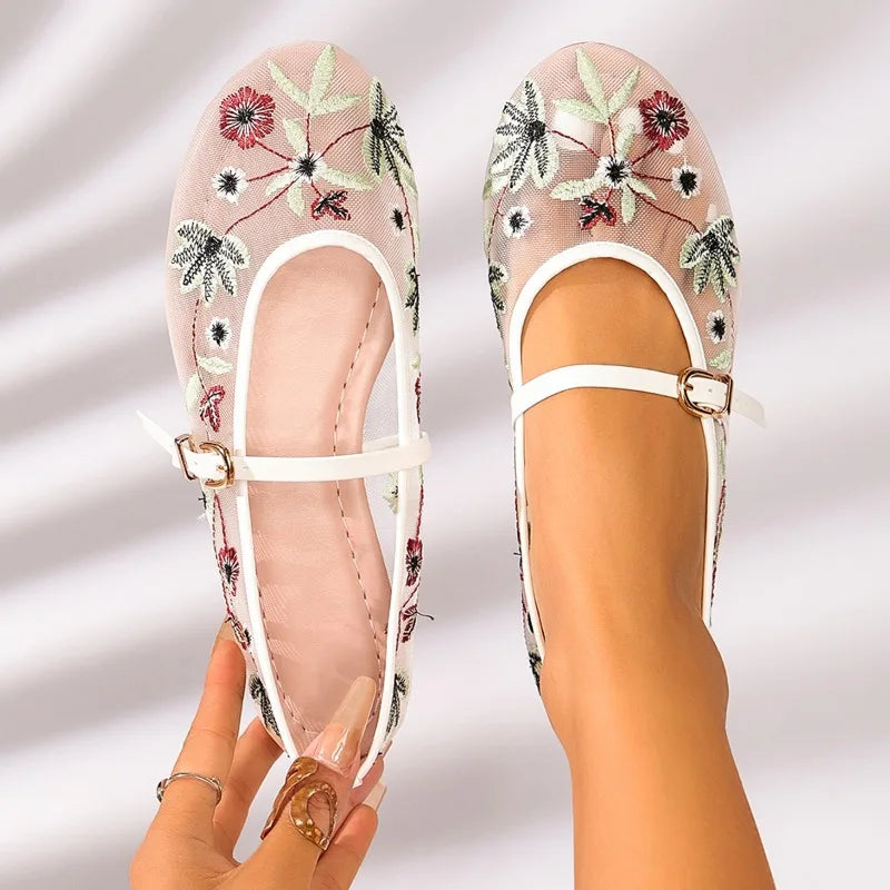 Zapatos Mary Jane de malla con bordado floral de primavera para mujer, zapatos con correa y hebilla concisa, zapatos de suela suave, zapatos planos de ballet transpirables para mujer
