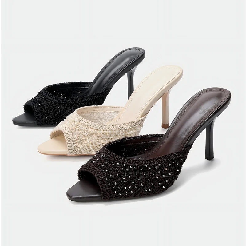Aligaia 2026 Elegantes Sandalias de Tacón Alto para Mujer, con Cuentas, Punta Abierta, Casuales, de Diseñador, para Verano