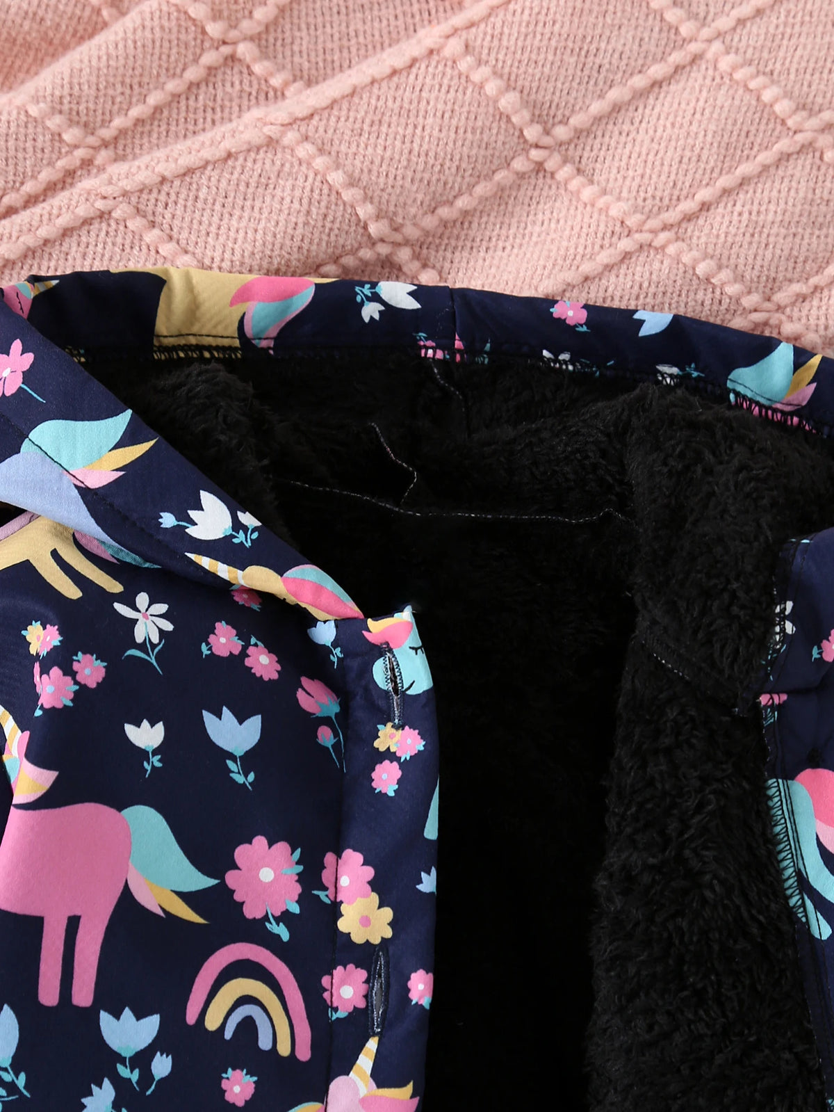 Chaqueta con estampado de flores de unicornio para niña, chaqueta informal con capucha de manga larga con aislamiento de felpa, otoño e invierno