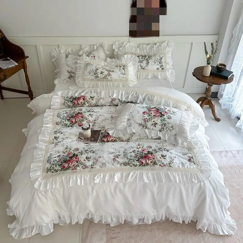 Juego de fundas de edredón con volantes, de 3 piezas ropa de cama, Floral, 100% algodón, blanco, 2 fundas de almohada, US/UK, Super King size