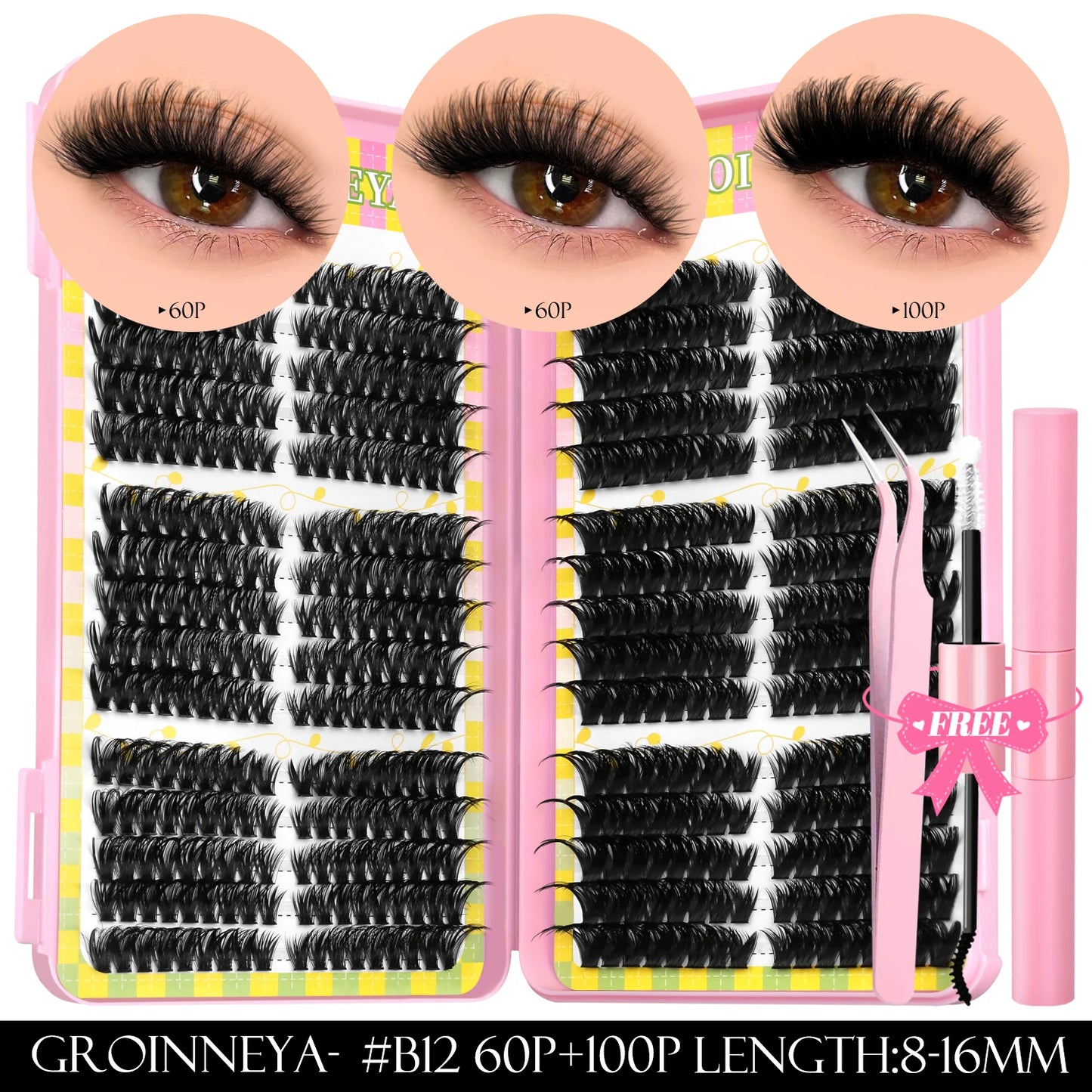 GROINNEYA Clusters de pestañas 540 Uds Kit de extensiones de pestañas de gato Kit de pestañas en racimo con Kit de maquillaje de pestañas Bond & Seal