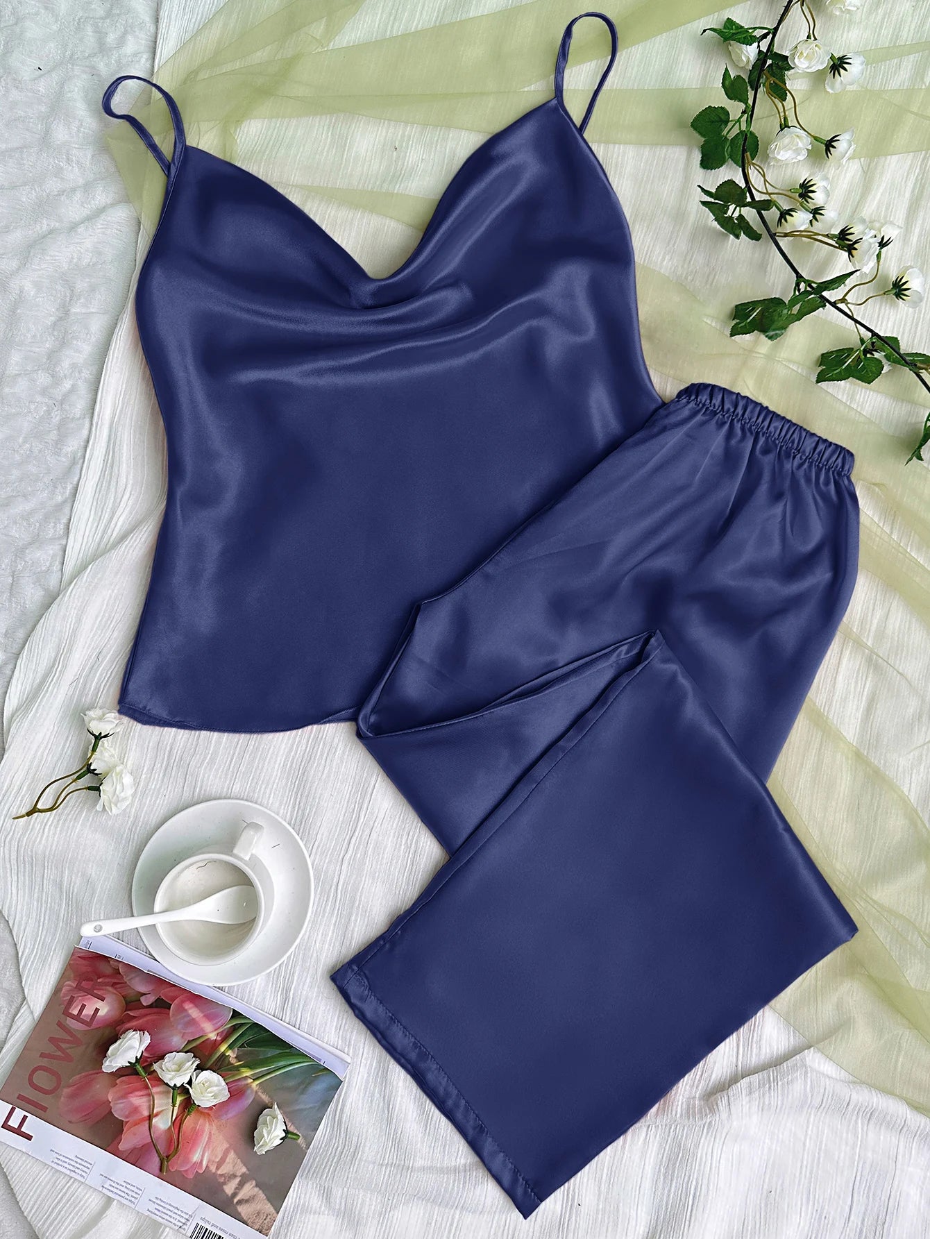 Conjunto de pijama de satén liso con cuello drapeado, Top camisola, pantalones con cintura elástica, ropa de dormir para mujer