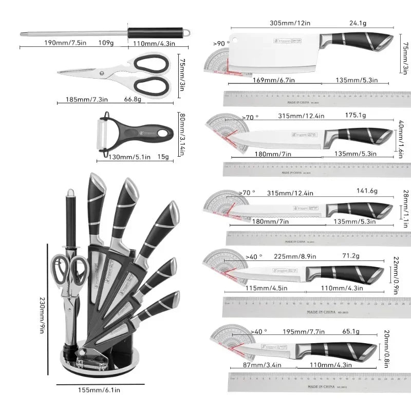 MDHAND Juego de cuchillos de cocina 9 piezas de acero inoxidable Cuchillos de chef recubiertos antiadherentes afilados con afilador para cortar y cortar
