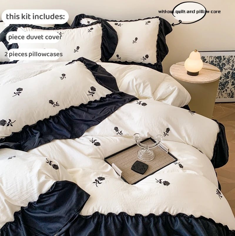 Juego de funda nórdica bordada con rosas de 3 piezas (1 funda nórdica + 2 fundas de almohada, sin núcleo), juego de cama de encaje estilo princesa