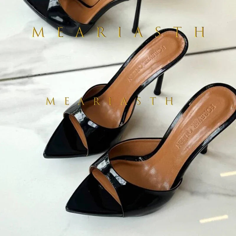 Mulas de cuero de Color caramelo para mujer, zapatos de tacón alto fino con punta abierta y punta abierta, zapatillas modernas sexis para fiesta para primavera y verano