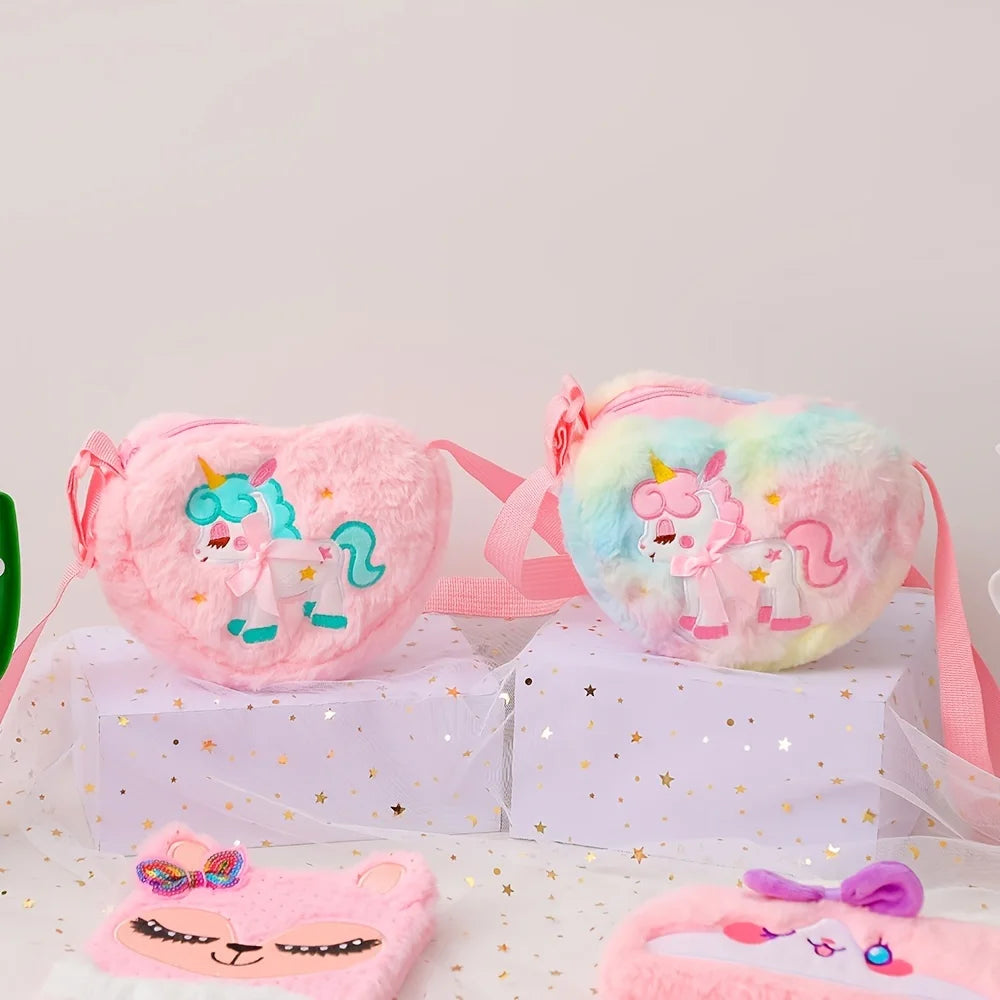 Lindo unicornio para niñas, bolso de hombro con cremallera de corazón de felpa, bolso de mensajero, monedero, cartera, bolso cruzado, regalo para niños, Mochila pequeña