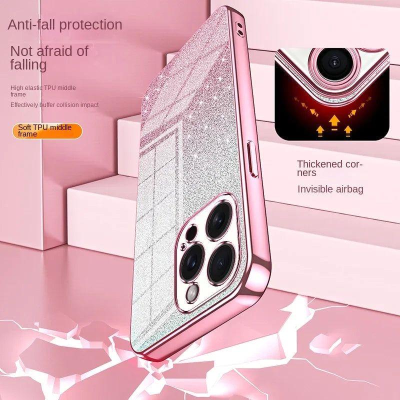 Funda Brillante Electrochapada para iPhone 17 Air 16 16E 15 14 13 12 Mini 11 Pro Max XS X XR SE 2 3 7 8 Plus, Cubierta Trasera de TPU Suave