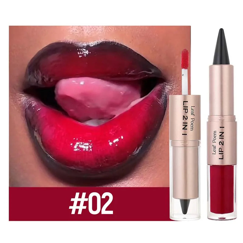 Lápiz Delineador de labios mate 2 en 1 de doble cabeza, resistente al agua, antiadherente, brillo de espejo, tinte de labios, brillo de labios marrón, maquillaje de lápiz labial