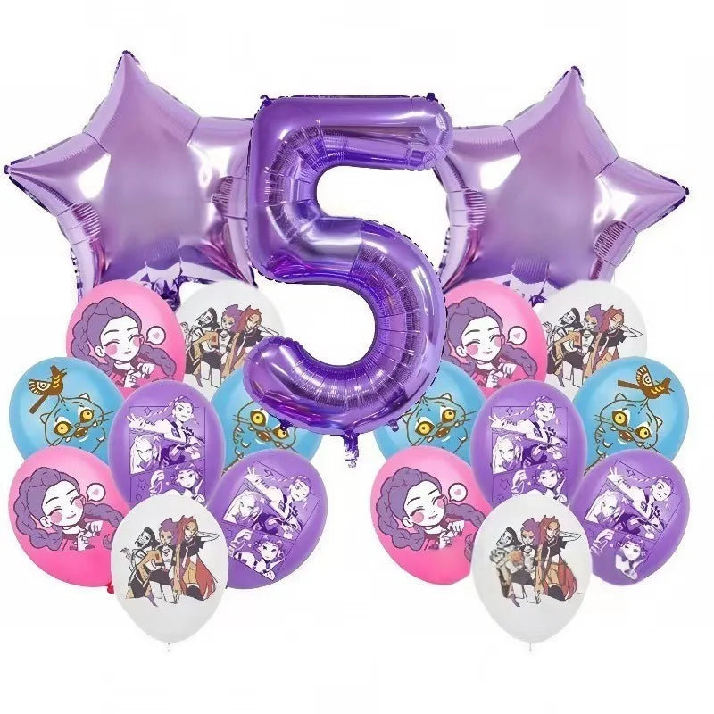 Set de Globos de Aluminio K-Pop para Grupo de Chicas, Números del 1 al 9 y Globos de Estrellas Púrpuras, Adornos para Pastel para Fiestas de Cumpleaños y Accesorios para Fotos
