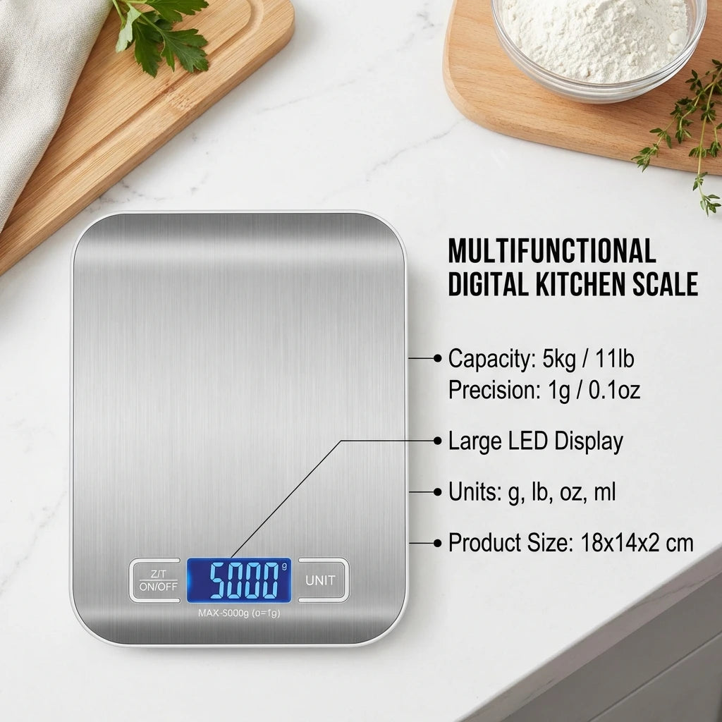 Báscula Digital de Cocina con Pantalla LED, 5 kg/1 g, Acero Inoxidable, Pesaje Electrónico para Alimentos, Joyas, Aperitivos, Repostería, Herramientas para el Hogar