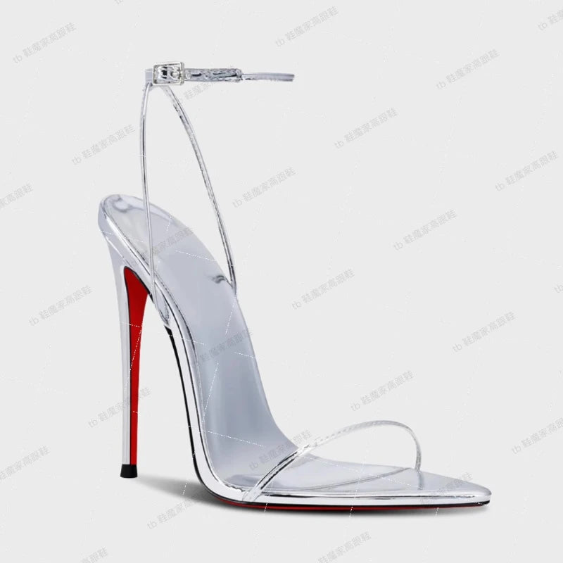 2025 New 12cm Thin Heel Pointed Shallow Lipstick Bottom High Heels Sexy One Word Buckle Style Fashion Sandals Large Single Shoes