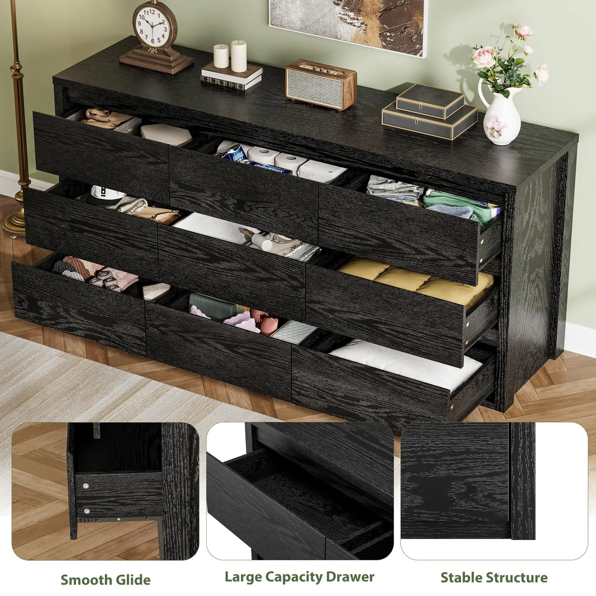 Cómoda moderna de 9 cajones de la marca GarveeLife, ideal para el dormitorio: amplia cómoda de madera, gran espacio de almacenamiento, mueble versátil para la sala de estar, el pasillo o la entrada.