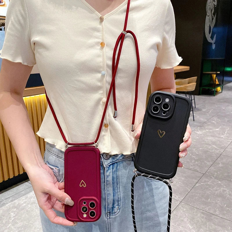 Fundas de teléfono Crossbody Love para IPhone 17 16 Pro Max 15 14 13 12 11 con funda trasera de silicona con cordón