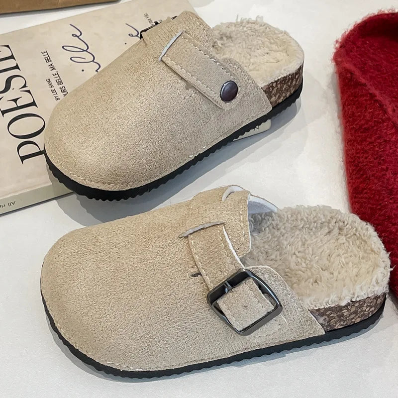 2025 niños niñas invierno cálido felpa corcho cama piel zuecos zapatillas señora peluda casa pisos zapatillas de algodón