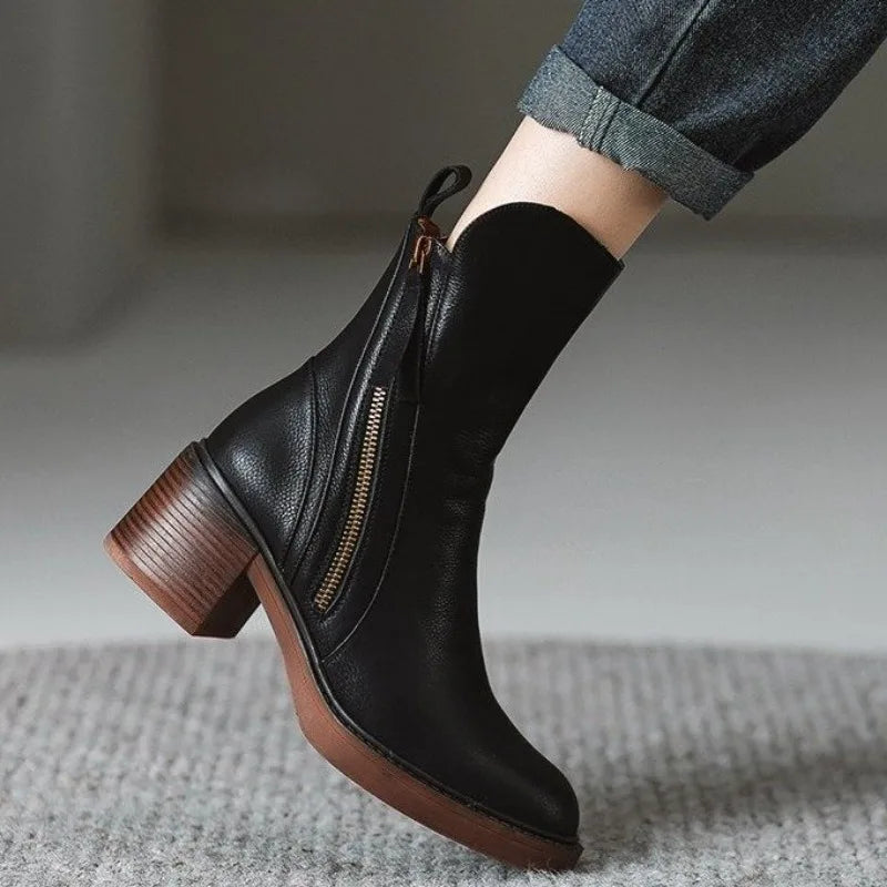 Botines de tacón alto para mujer, botas cortas de cuero con punta redonda, botas de tacón grueso, botines con cremallera lateral, tacón de plataforma para mujer