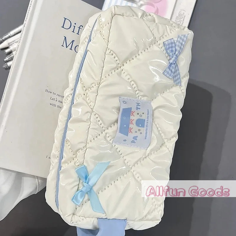 Bolsa de lápices con lazo azul y blanco, bolsa de papelería de gran capacidad, bolsa de almacenamiento de viaje, bolsas de cosméticos para mujer, estuche de lápices con diseño bonito para niñas